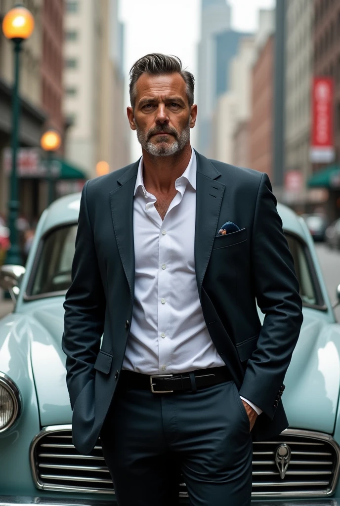 The man is in full growth, stands near the car, Photo on the streets