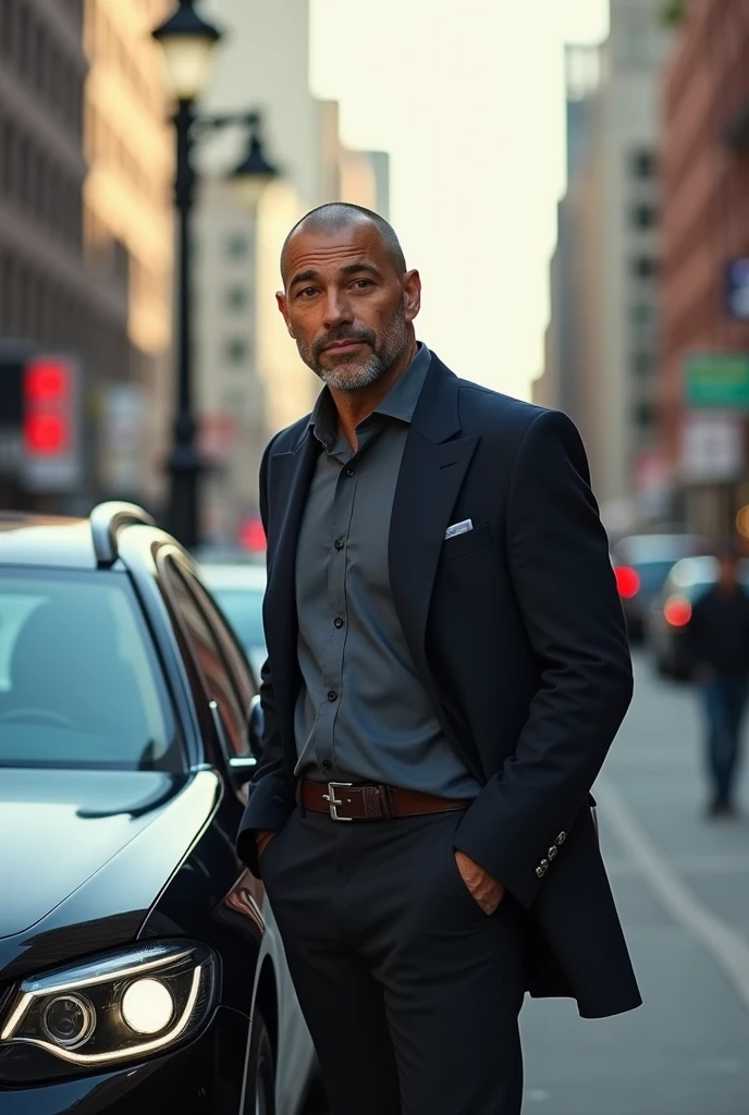 The man is in full growth, stands near the car, Photo on the streets