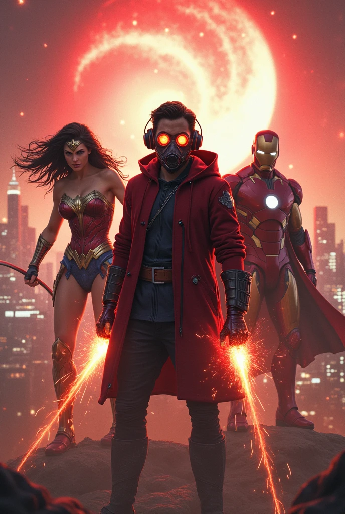 Young Star-lord with red hoodie, headphones, star-lord helmet, gas helmet, covered mouth, round red eyes, Red eyes, magic rings in the hands and rocket boots, Vs. Doctor strange vs. Wonder woman (Big tits), Vs Iron man, Fighting, power, fiction, full body, 4 person, magic lasso, hight, fall, fire in boots, poweful spells, fighting, realistic, helmet, mask, confrontation, punch, gun, flying in the sky, red magic portal, view of the city from above