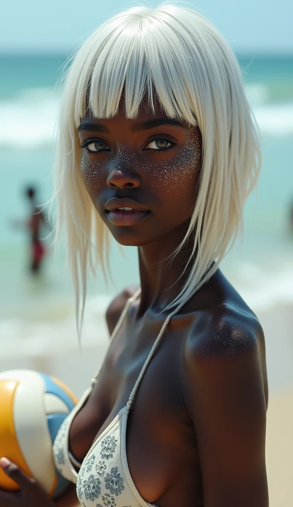 Make one with black skin and freckles that look like stars, she has white hair and bangs, she is on the beach playing volleyball, wearing an embroidered bikini, high resolution, gray eyes,breastsout,