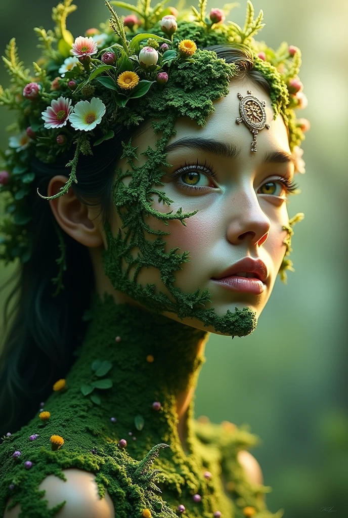 Create the face of a gorgeous forest goddess. Her face is made entirely of forest.. Her eyes are tears, rivers of the magical forest. She is so beautiful. Her crown is the rising sun. Her delicate skin is made entirely of plants.

