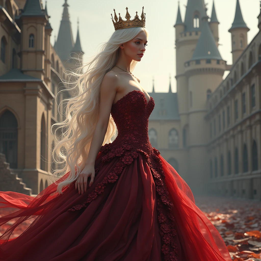 A woman with long white hair,I want her wearing a very luxurious princess dress with an abstract concept of the wine red color,I want her posing and I want the background to be a castle,a crown on her head
