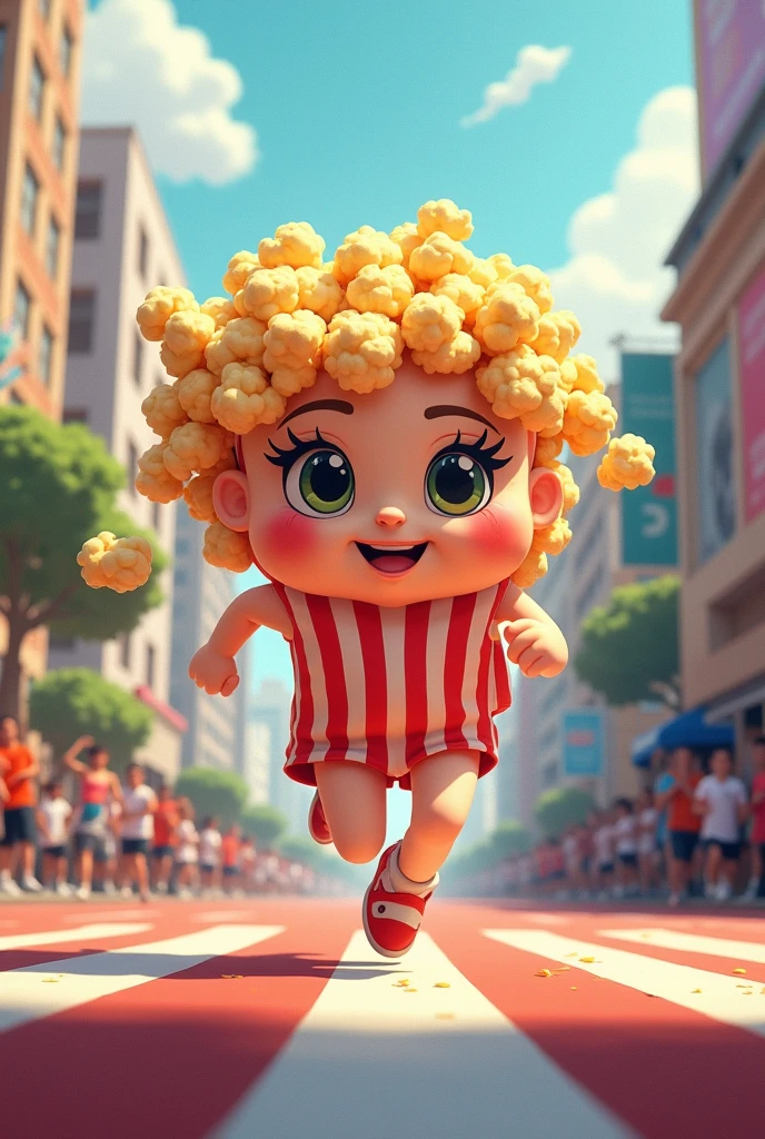 an illustration of a cute popcorn pack with feminine features big eyelashes running in a street race like a professional runner