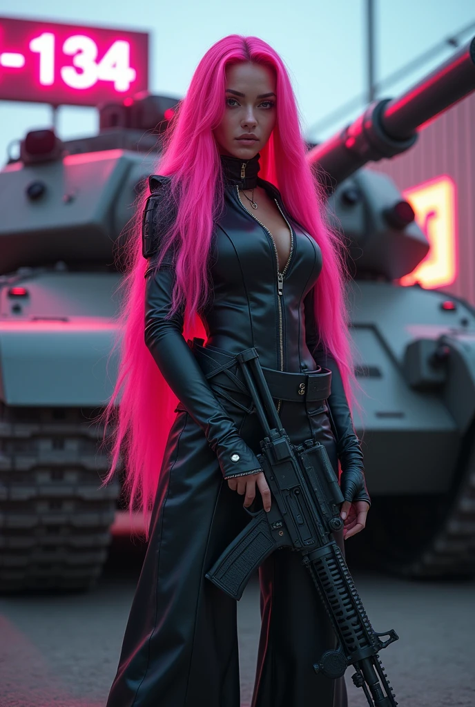 A woman with exuberant beauty with long, flowing pink hair. She is wearing a long jumpsuit. Behind her is a large tank with a neon sign that says “FMS-134” artillery woman, shooter, murderer. cyber punk.  Woman with a rifle in her hand. high resolution, ultra HD, high qualiy, 