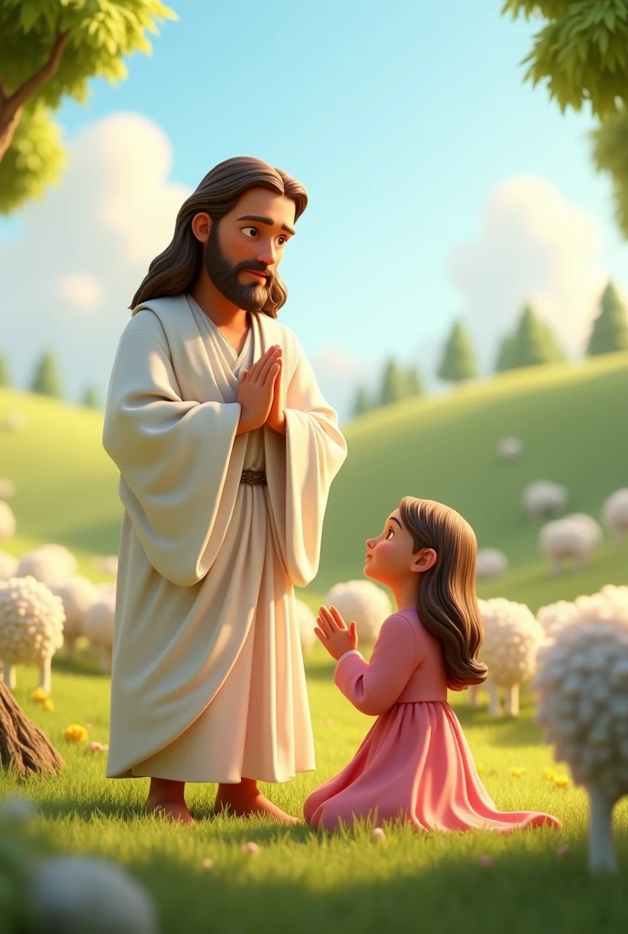 Create an image of Jesus from the biblical story with a white dress Along with a girl of about  kneeling in a pink dress with loose hair.
Countryside setting with sheep and trees on a sunny day.
disney pixar style 3d 