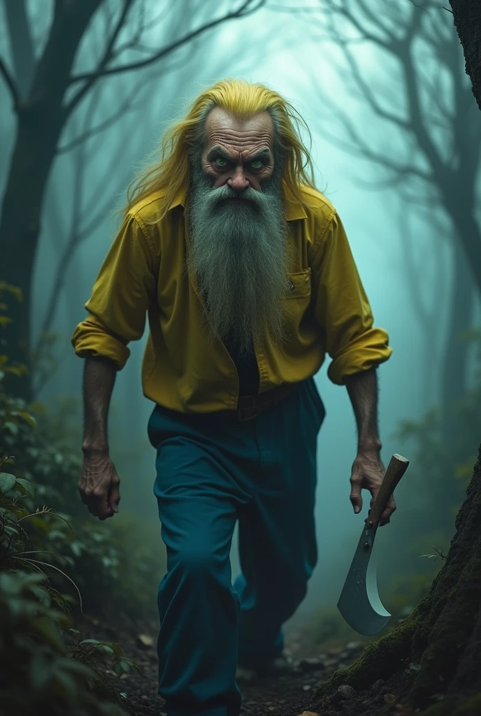 An old man with yellow hair and beard,with blue pants,bright green eyes,that is in a foggy forest,that has a shiny iron machete,have a yellow shirt,angry and looks scary