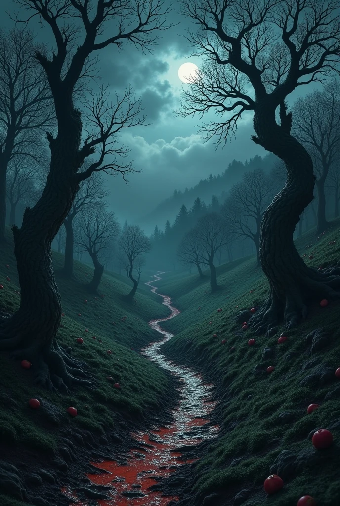 A trail of rot from the top of an apple tree hill to the bottom at night, nightmare