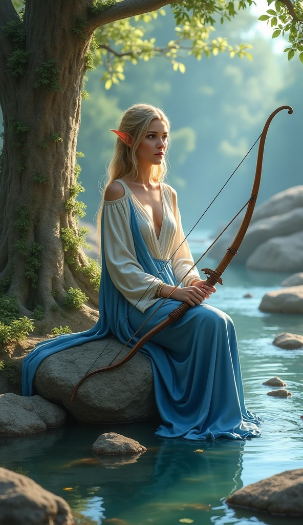 Full body portrait. A beautiful elven woman carrying a bow and arrow wearing blue and white clothes is sitting on a river rock. The background is a beautiful river full of rocks with a big tree on the side This scene is a very detailed and professional 3D digital art masterpiece.
