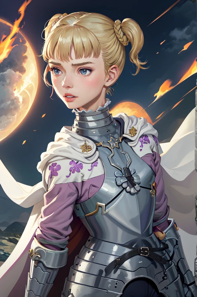 Farne Arm, alone, Short Twin Tails, (lips:0.7), armor, breastplate, Gauntlet, Cape, View your viewers, Mature Woman, (Severe:0.5), Traditional Media, (fire:0.7), Night Sky, 残りfire, Town centre, Medieval,  黒紫のarmor