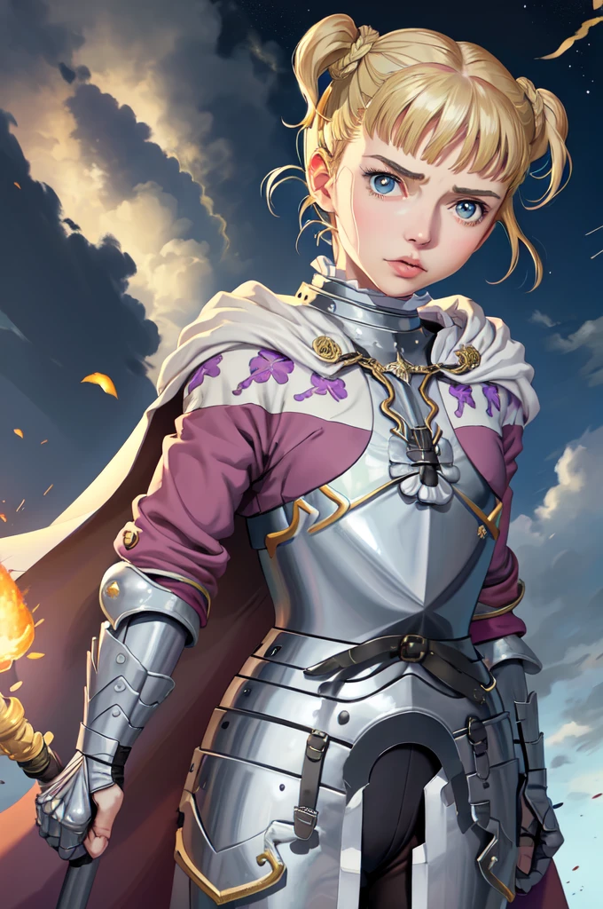 Farne Arm, alone, Short Twin Tails, (lips:0.7), armor, breastplate, Gauntlet, Cape, View your viewers, Mature Woman, (Severe:0.5), Traditional Media, (fire:0.7), Night Sky, 残りfire, Town centre, Medieval,  黒紫のarmor