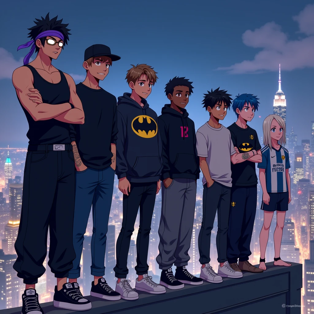 Create an image of 8 anime style friends, in the background there is a city and it is night in the city, New York style, and they are side by side on top of a building looking at the view.

The first friend, he is wearing a black tank top and his arms have veins, he wears baggy black jeans, it is white in tone.
he has black hair and he has a purple headband tied around his head, he has a confident face, but without smiling. Ele está com um com tennis 
totalmente preto. He is tall.


The second friend, wears black clothes, is wearing a sweatshirt and black pants, and shoes too. is wearing a black hat. and his mouth has a slight smile. and his eyes shine white. your hair is black. He has a white belt around his waist. He is tall.


The third friend, is wearing jeans and a Batman symbol sweatshirt. e um tennis preto também. your hair is black, and your skin tone is dark. He is tall.


The fourth friend, está com um tennis branco está usando uma calça jeans preta, and a turtleneck shirt, ele tem o cabelo castanho e esta sorridente e Her skin tone is fair. He is tall.


The fifth friend, is wearing baggy black pants, e um tennis branco, Her skin tone is fair, his shirt is gray and his hair is light brown, e He is tall.


The sixth friend, is wearing all white clothes, tennis, shirt and pants, and your hair is white too, he has light skin tone. He is tall.


The seventh friend, is wearing a Flamengo shirt (Brazilian soccer team)
o your hair is black e usa uma calça social, and your skin tone is dark. and has tattoos on his arms, e He is tall.


The eighth friend, is wearing a black shirt, um short/ben 10 shorts, and he is barefoot, your hair is blue.

