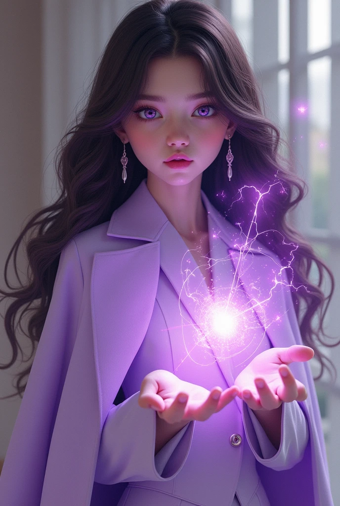 Teenager with long, semi-wavy dark brown hair, thin and almond skin, purple and blue eyes, purple magic through her hands, in agent suit/Superhero with royal style and neutral colors with certain lilac tones, a light lilac coat.