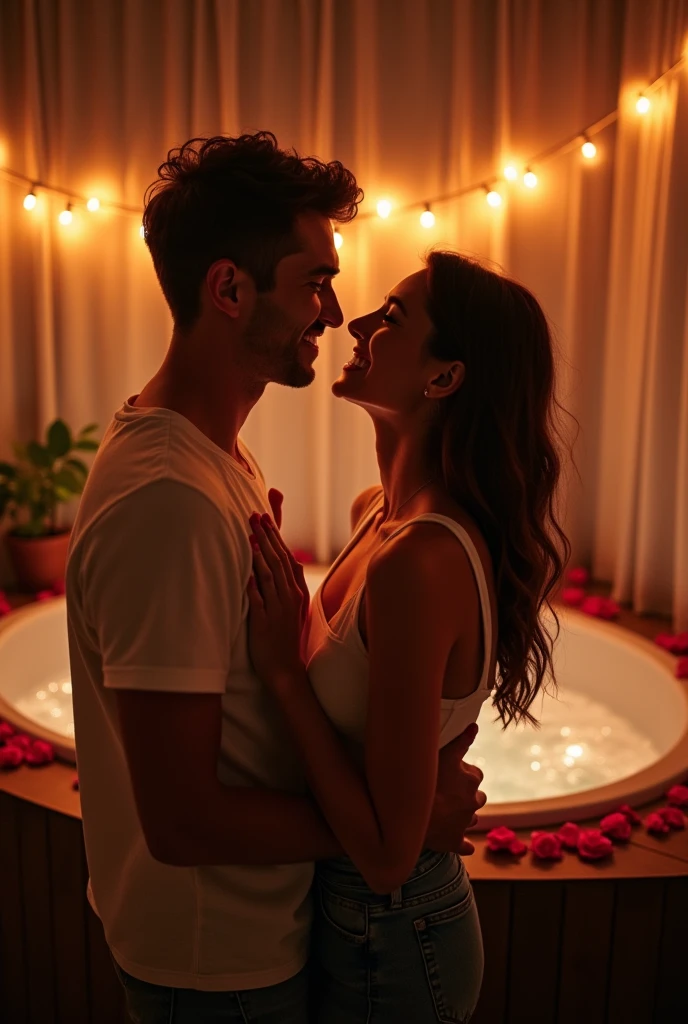 A young, radiant and in love couple posing for a souvenir photo of their romantic evening at a boutique motel. The room is decorated with dim lights, rose petals and a bubbling jacuzzi in the background.