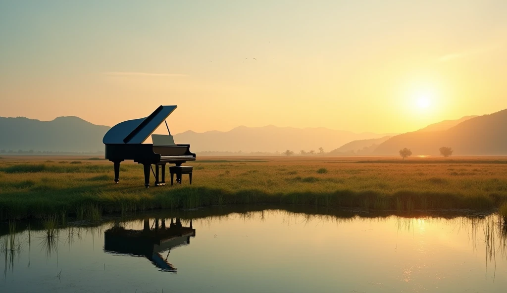 It depicts a peaceful landscape photographed at sunrise.。The sky is a warm orange、yellow、And filled with a pale blue、In front of me is a calm water surface.、Silhouettes of hills and mountains in the distance are visible。In the middle ground、さまざまな緑色とyellowの畑が広がっており、A large black grand piano sits on grass and cultivated land。This image is、nature、Tranquility、Interesting themes related to the beauty of dawn and dusk。