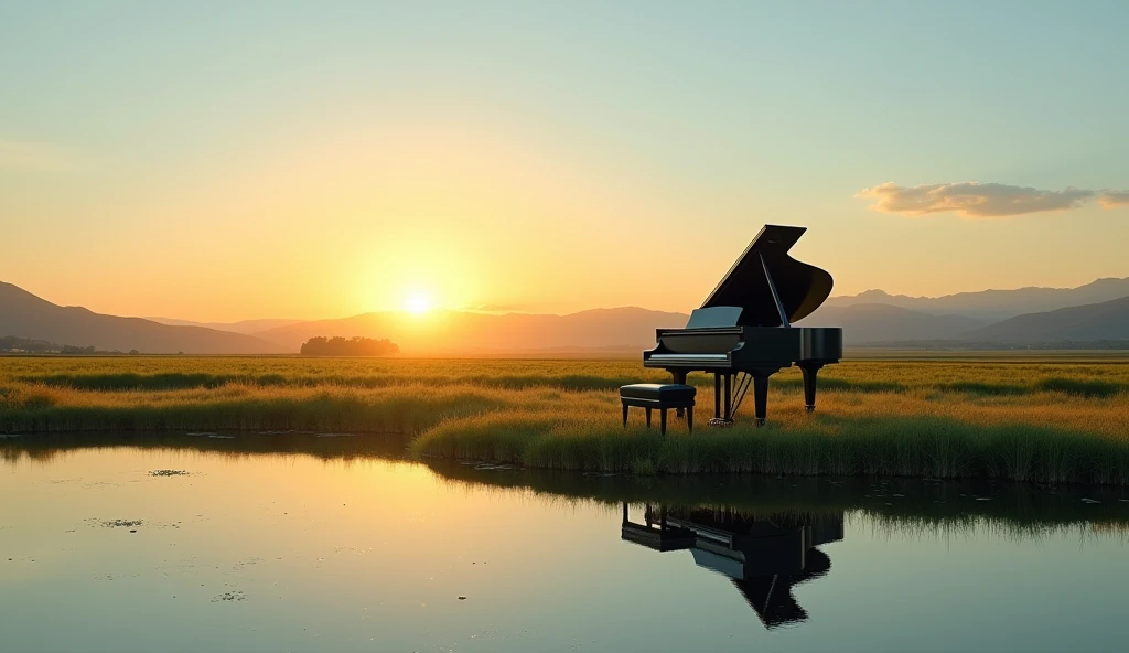 It depicts a peaceful landscape photographed at sunrise.。The sky is a warm orange、yellow、And filled with a pale blue、In front of me is a calm water surface.、Silhouettes of hills and mountains in the distance are visible。In the middle ground、さまざまな緑色とyellowの畑が広がっており、A large black grand piano sits on grass and cultivated land。This image is、nature、Tranquility、Interesting themes related to the beauty of dawn and dusk。