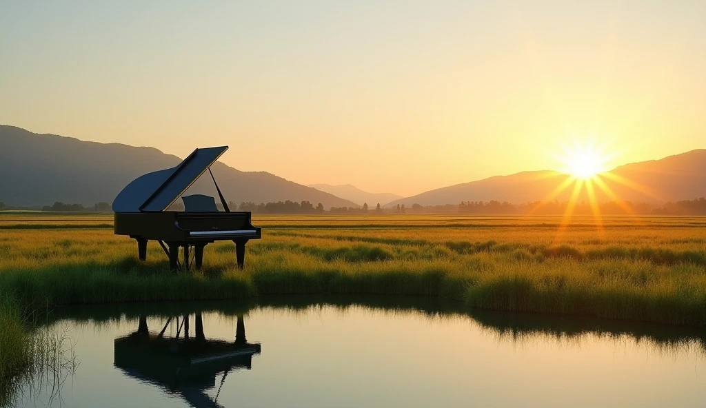 It depicts a peaceful landscape photographed at sunrise.。The sky is a warm orange、yellow、And filled with a pale blue、In front of me is a calm water surface.、Silhouettes of hills and mountains in the distance are visible。In the middle ground、さまざまな緑色とyellowの畑が広がっており、A large black grand piano sits on grass and cultivated land。This image is、nature、Tranquility、Interesting themes related to the beauty of dawn and dusk。