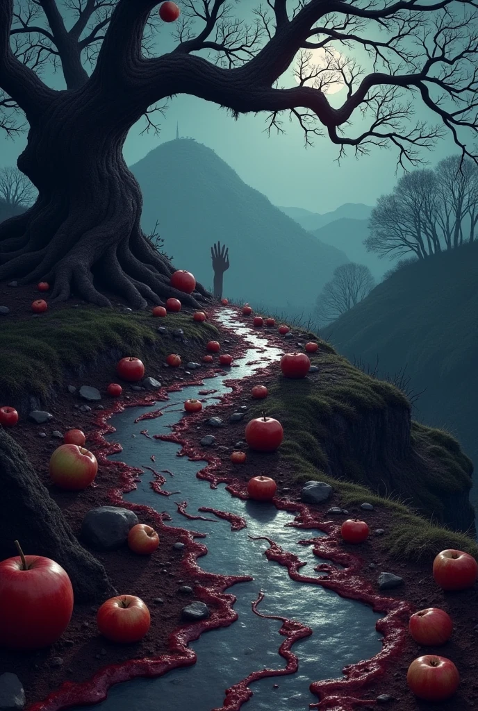 Screaming human heads growing from an apple tree in the countryside, blood, gore