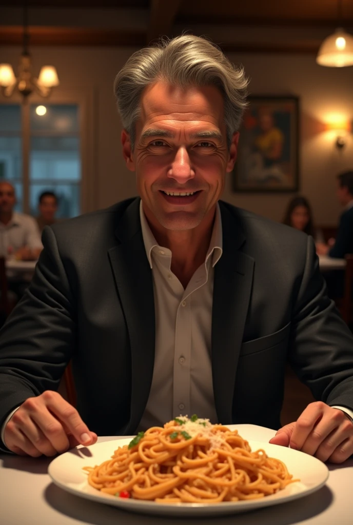 man sittling with plate of pasta on table