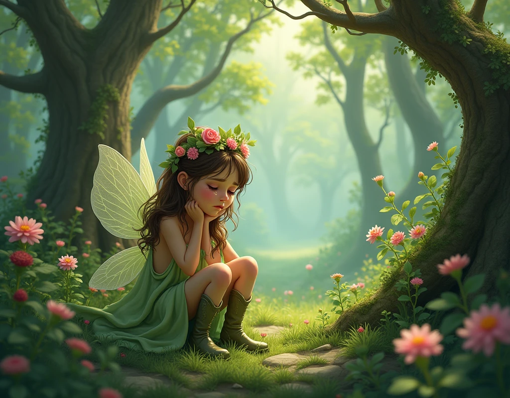 a cute little fairy, Brunetette, wavy black hair, delicate light green dress and boots, wings and flower crown. sad and crying in an enchanted forest