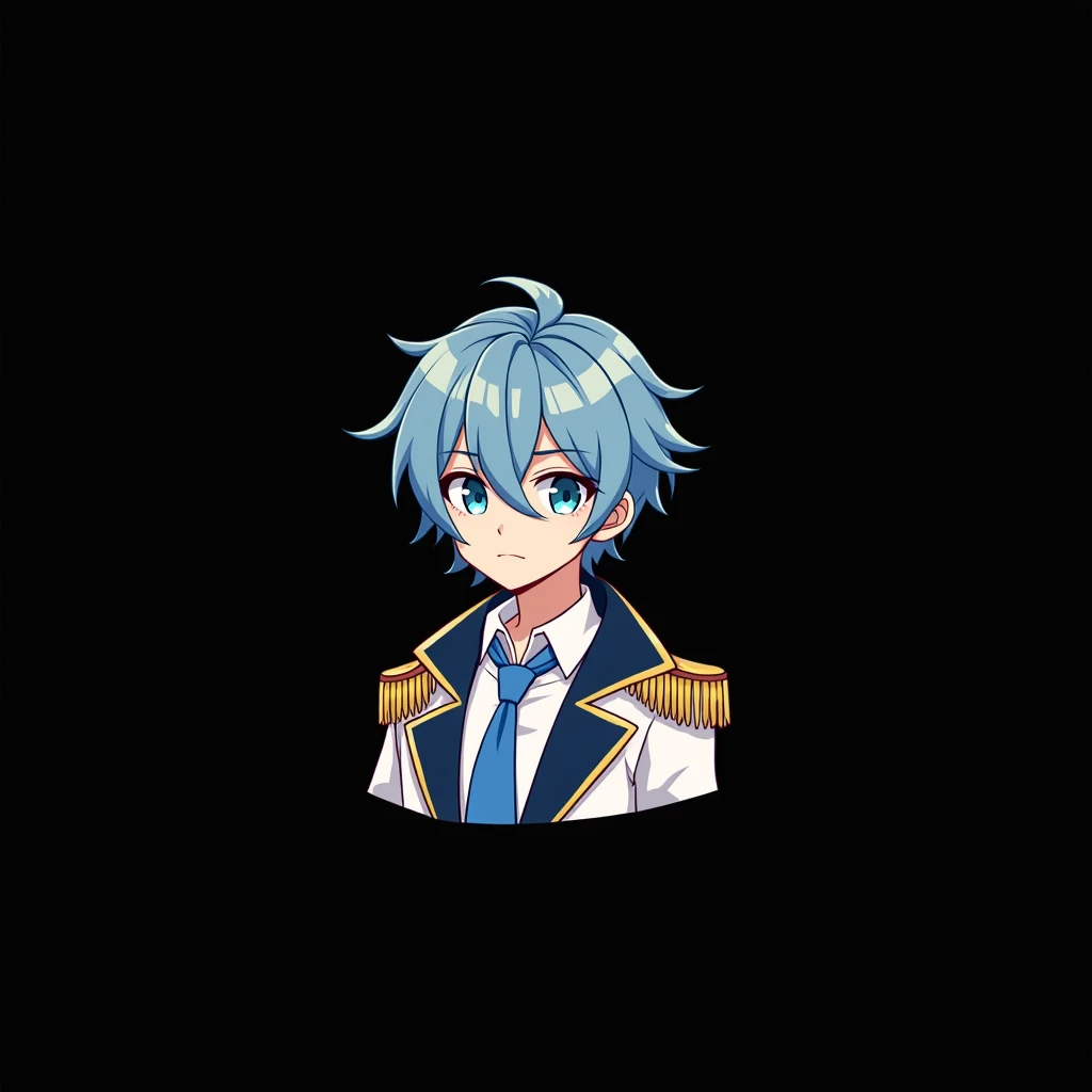 images for a PNGTuber Model Handsome male tuber PNG model with blue hair with blue and half dark blue eyes white shirt with blue tie and white prince coat with gold shoulder details medk expression