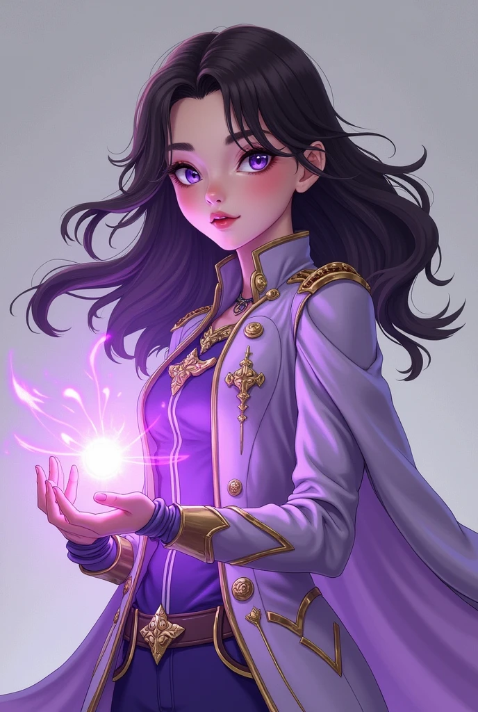 ager with long, semi-wavy dark brown hair, thin and almond skin, purple and blue eyes, purple magic through her hands, in agent suit/Superhero with a slight royal style and neutral colors with certain lilac tones, a light lilac coat.
