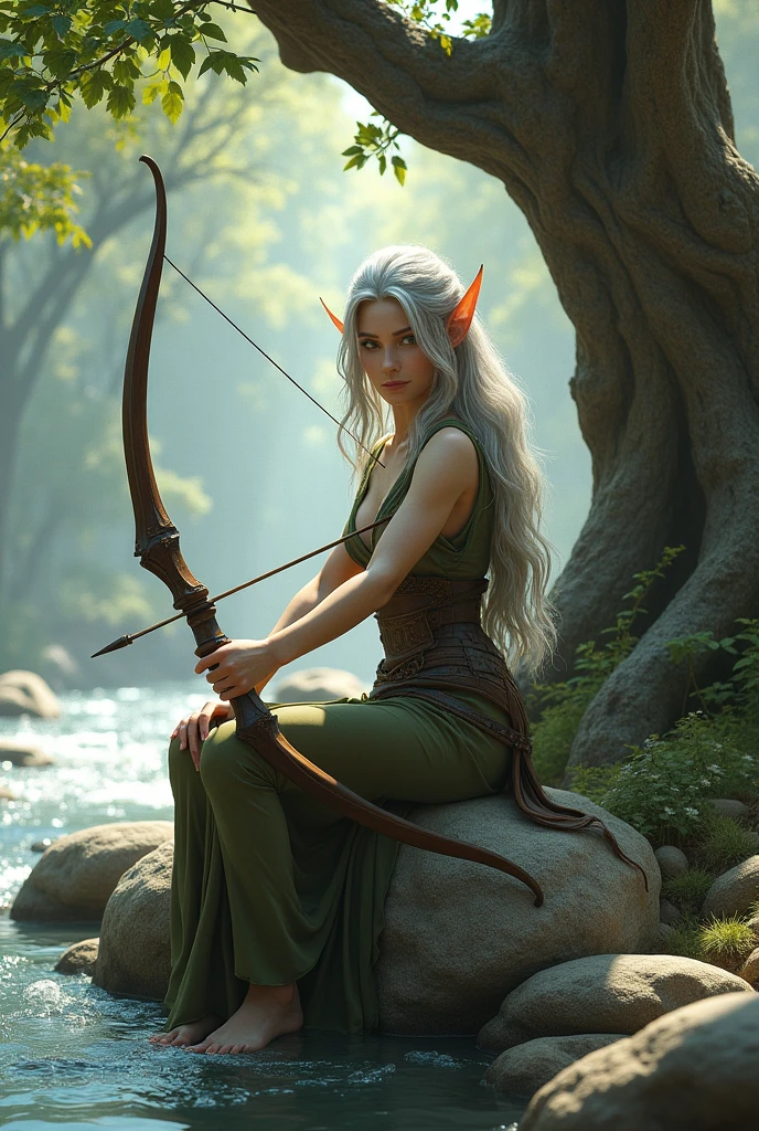 Full body portrait. A beautiful elven woman carrying a bow and arrow wearing blue and white clothes is sitting on a river rock. The background is a beautiful river full of rocks with a big tree on the side This scene is a very detailed and professional 3D digital art