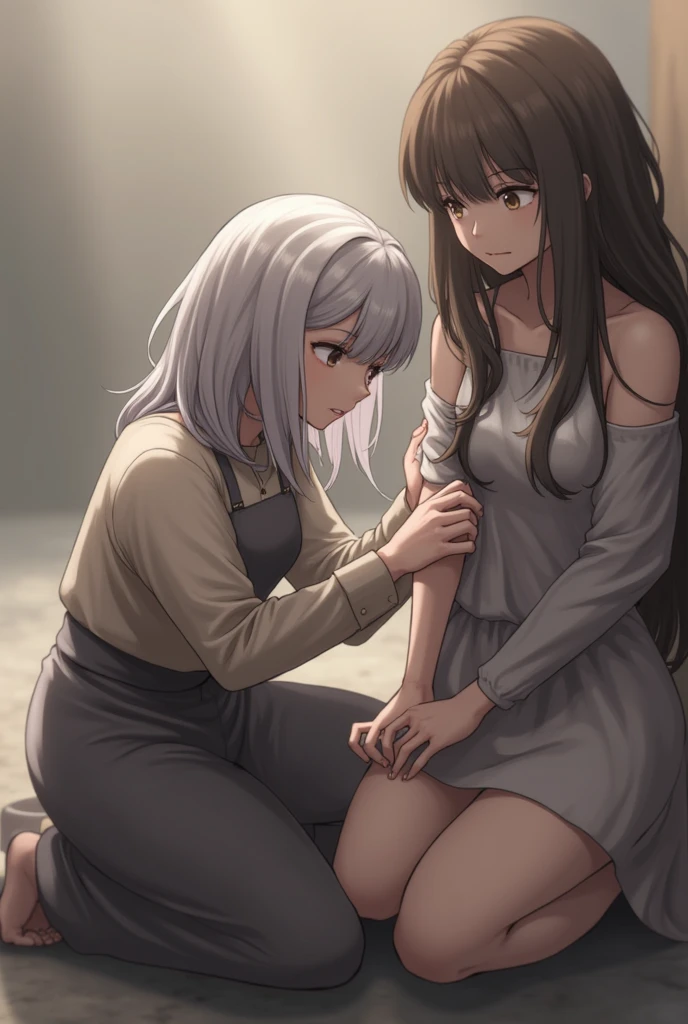 He kneels down in front of him and takes his wounded arm as if it were something sacred.