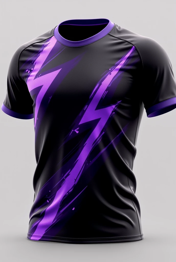 Create a front and back team jersey with a predominantly black color and purple lightning bolts