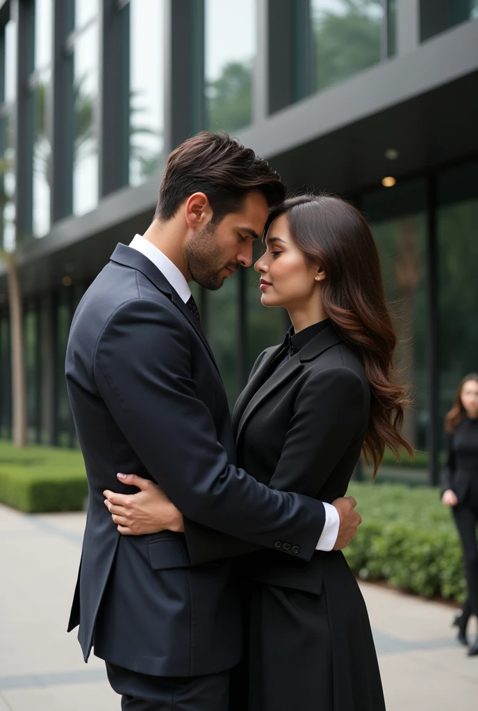 In front of a modern building, man hugs his girlfriend while looking at another woman who is walking on the sidewalk
