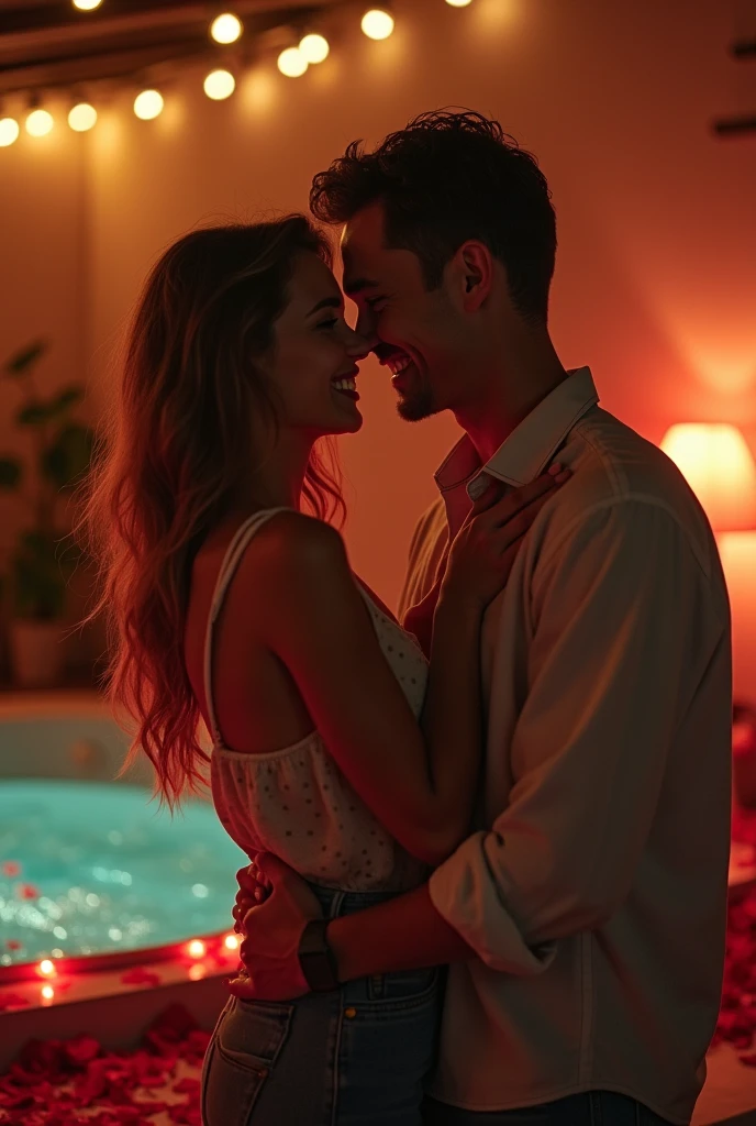 A young, radiant and in love couple posing for a souvenir photo of their romantic evening at a boutique motel. The room is decorated with dim lights, rose petals and a bubbling jacuzzi in the background.