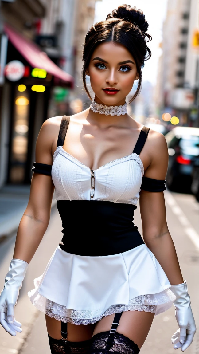 8k, masterpiece, raw photo, Best Quality, detail:1.2),photorealistic, extremely detailed CG unity 8k wallpaper, Lens flare, (extremely beautiful face, beautiful red lips, pretty eyes), intricate detail face, ((ultra detailed skin)), 1 girl, In the dark, deep shadow, pretty girl, (Skinny body, slim and muscular:1.3), ((looking at the viewer)), (big smile), (cordd dress), (city evening, (neon sign), (evening), shackles, light eyes, walking, look forward, (((big brown eyes))), ((Upper body shot)), dress, cordd dress, Coming back, return shot, very thin, slander, ((white braid hair over shoulder)), (((white: air: skirt dress: gloves cord)))))), 3D, Rich colors, (black makeup:1.3), (cord stockings with garters, ajuste del cord, cord), (Intricate detailed multi-layer bodysiut lacy cord-upp), neckcord, wifes