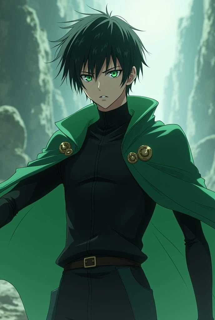 an animation of an anime character who is a swordsman with short black hair, white green eyes black clothes and a green cape