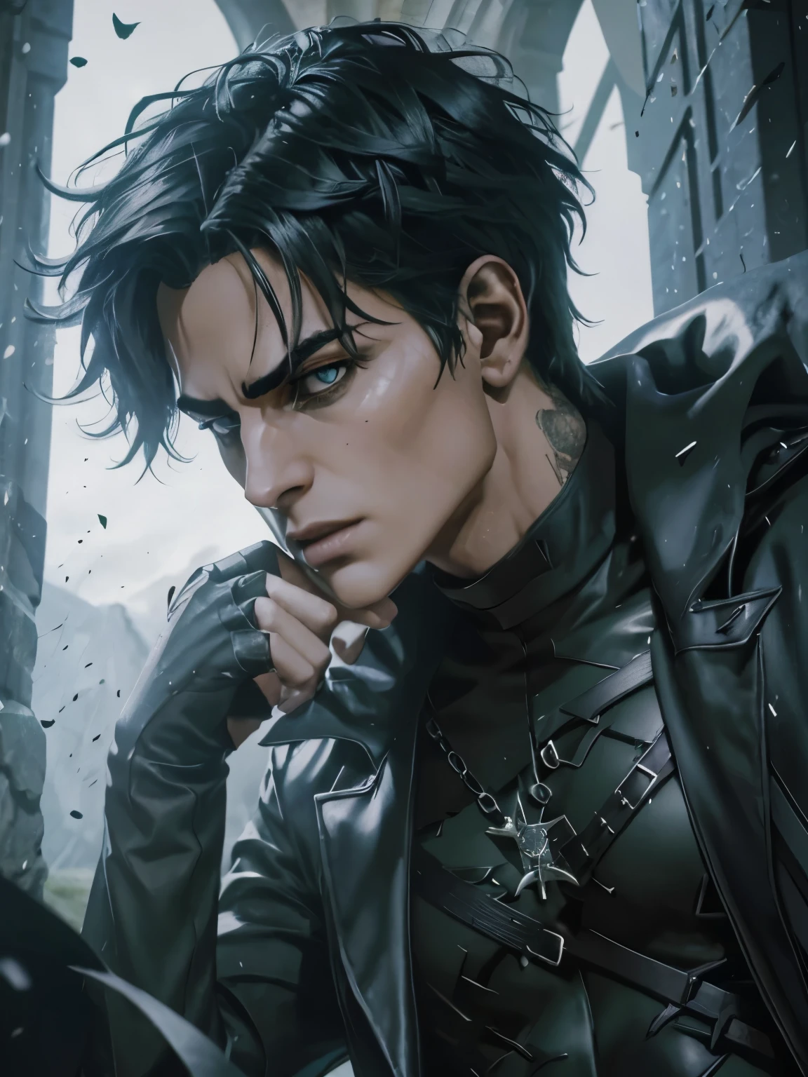(an androgynous male assassin:1.1),wild black hair,green eyes,slim,black assassin clothing,in a castle,medium:oil painting,detailed background,moody lighting,vivid colors,dark and mysterious ambiance,ominous atmosphere