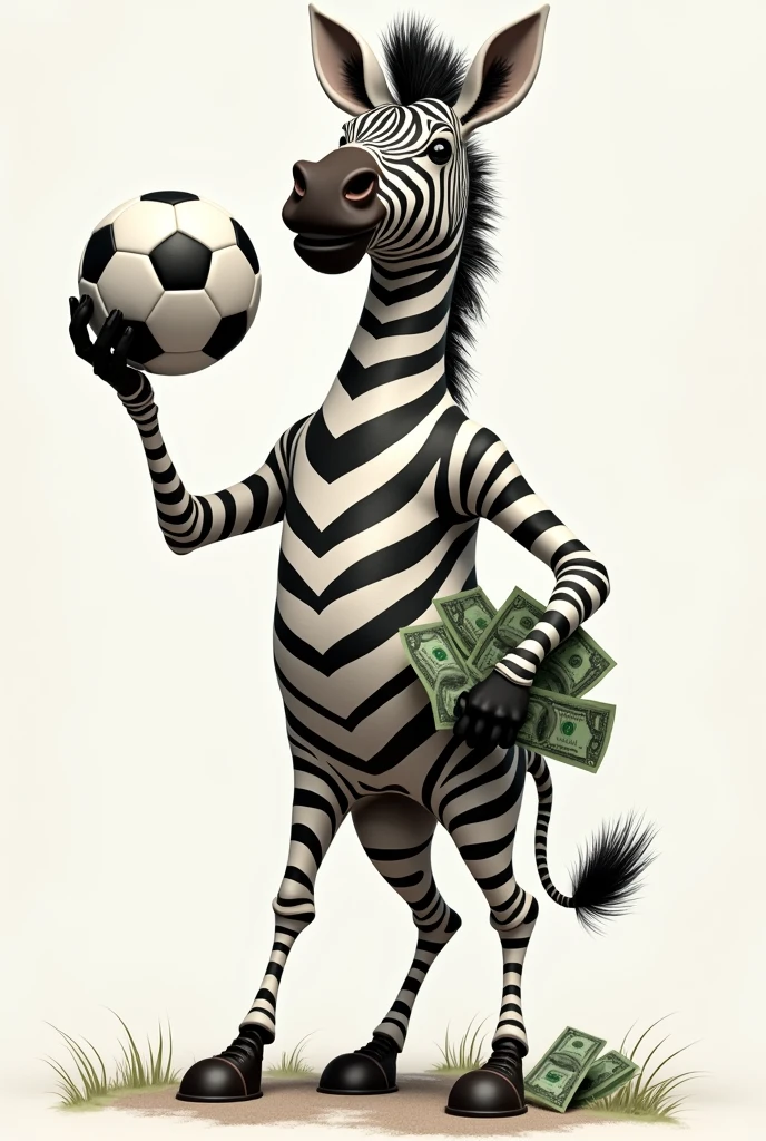 Zebra standing on 2 legs holding a soccer ball with left hand with money