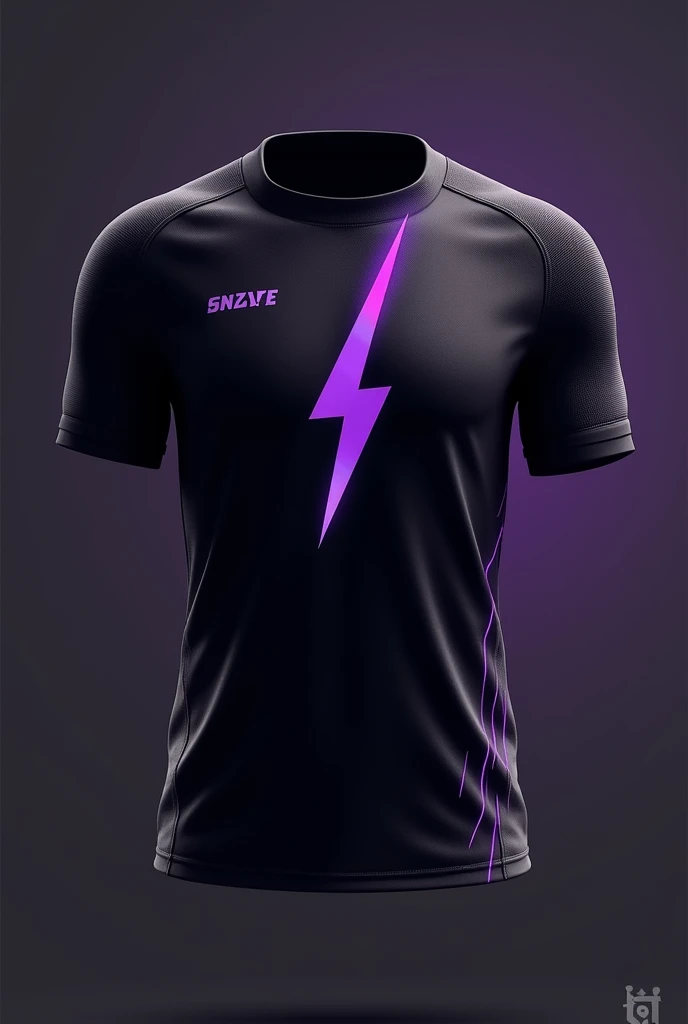 Create a front and back team jersey with a predominantly black color and minimalist purple lightning bolts