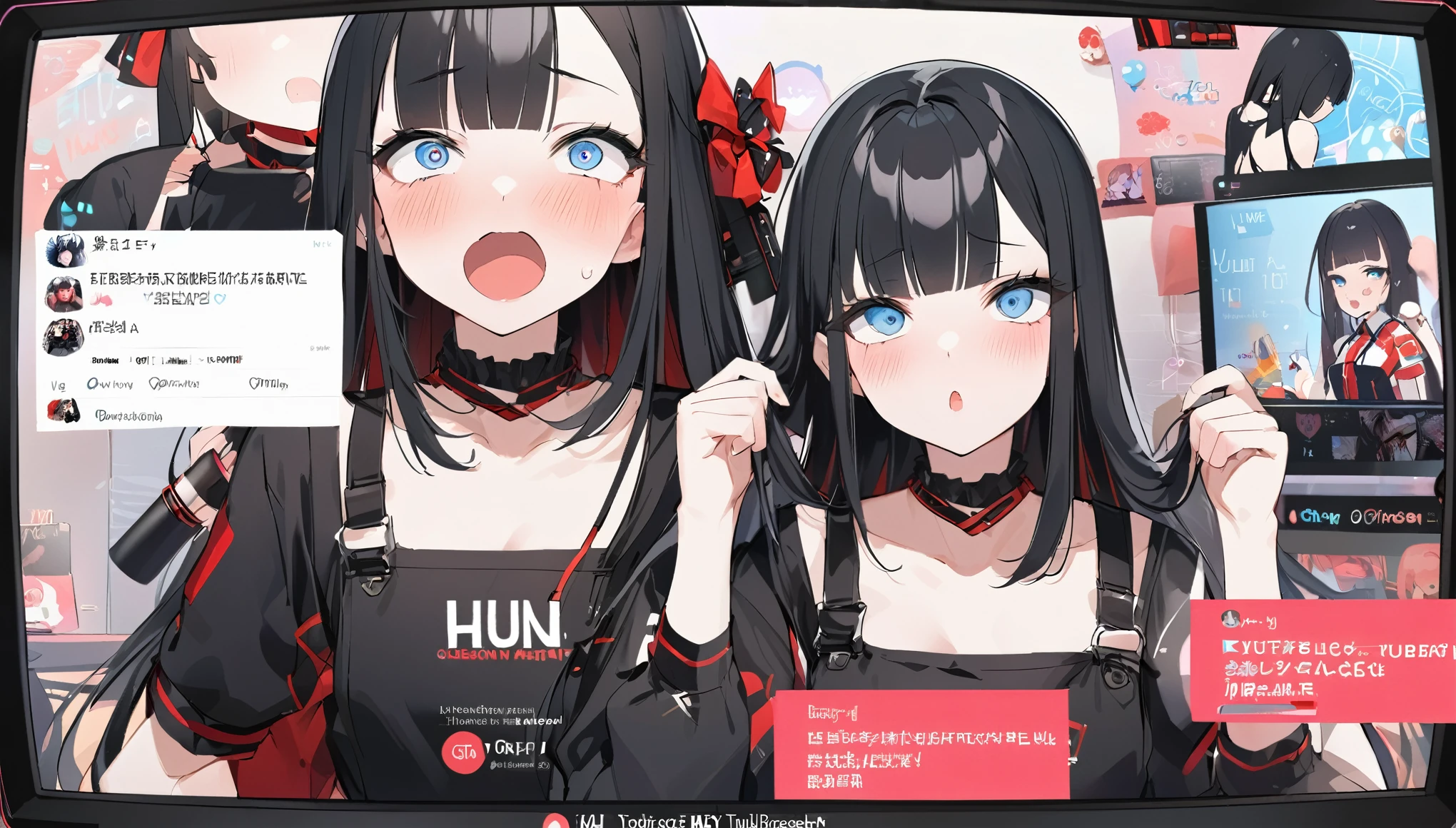 A pose of deep affection with both hands on the chest、sad、Ahegao、I play at music habs、idol、Japanese sword、rifle、gun、Virtual Character Design,Black Hair、blunt bangs、Straight Hair, face, Modern design, 1 female,Sexy concept, 
A Vtuber livestream scene featuring a Japanese Vtuber with long black hair and blue eyes, wearing a black outfit with some red accents and multiple accessories. The Vtuber has a serious yet slightly playful expression and is adjusting her hair with both hands. The screen shows the Vtuber on the right side, with a lively chat box on the left side, where messages in English and Japanese are visible. The top left corner has the Vtuber’s Twitter handle and hashtag, while the top right displays the current time as 21:53. The overall style is modern and clean, capturing the essence of a real-time Vtuber interaction with a large audience.