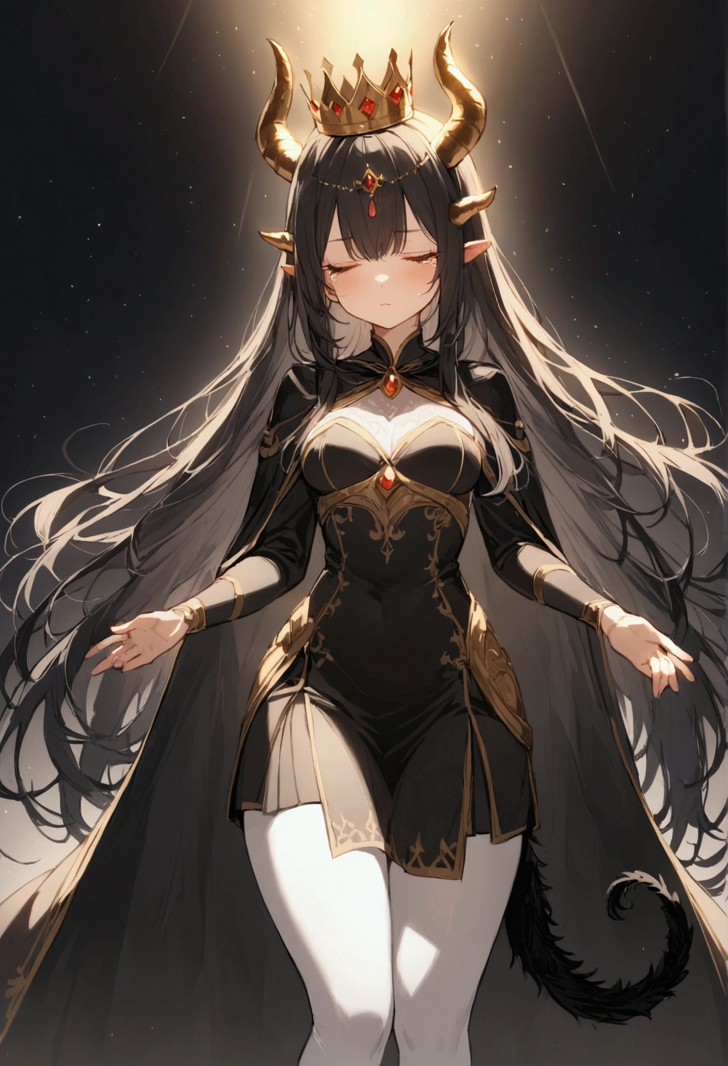 1 girl, fair skin, very long and straight black hair. Her eyes are closed and lined with red eyeliner, she has medium breasts and thick thighs, she wears a black dress, white pantyhose with some small tears and black boots with gold details. She has a long black tail, wears a black cape, with golden horns on her head along with a small, golden crown.