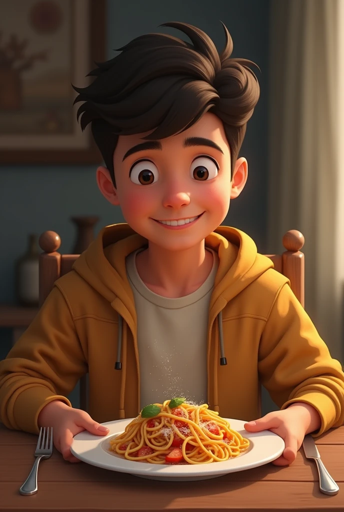 young man sittling with plate of pasta on table