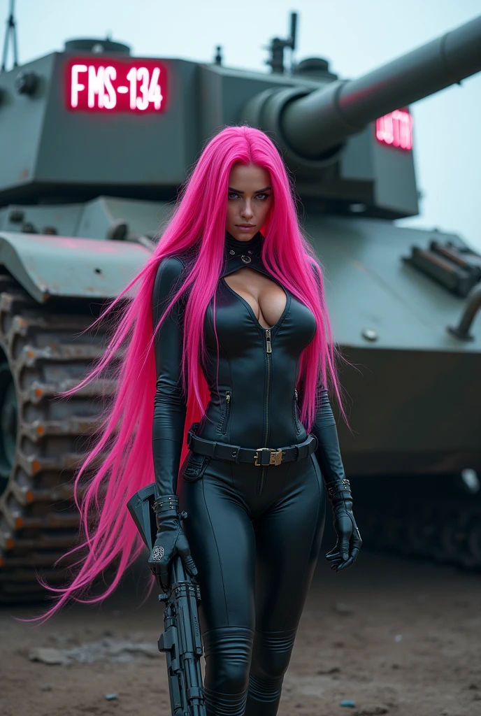 A woman with exuberant beauty with long, flowing pink hair. She is wearing a long jumpsuit. Behind her is a large tank with a neon sign that says “FMS-134” artillery woman, shooter, murderer. cyber punk. Woman with a rifle in her hand. high resolution, ultra HD, high qualiy,