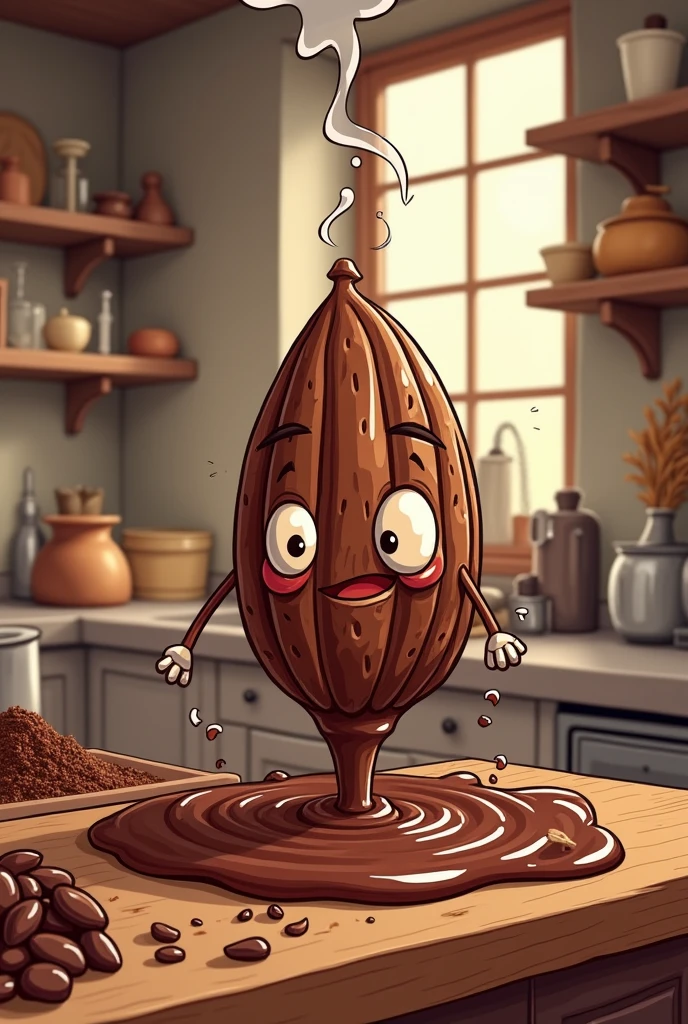 Make a cartoon image of cocoa nibs being ground to produce a liquid mass