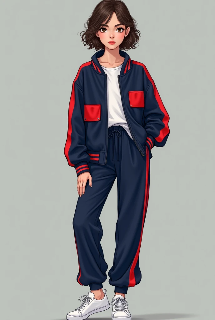 Make me a picture of a girl with wavy hair in a bun, brown hair with a navy blue jacket with red stripes and navy blue pants with red stripes. The girl should be pale, that is, white skin and with white sneakers.