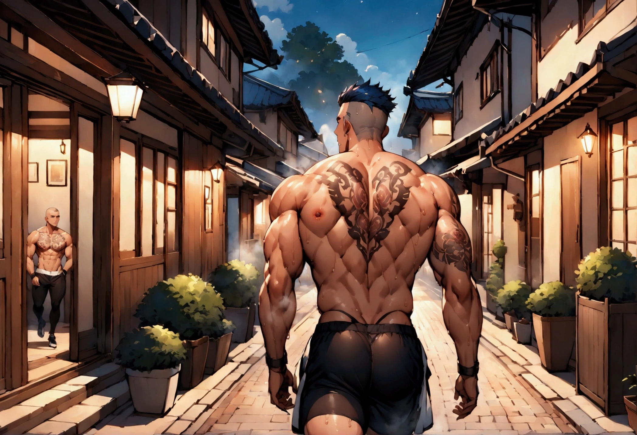Highest quality、masterpiece、(muscular male:1.2)、(father:0.5)、boy、Shaved head、Short Hair、Sports haircut、short hair、Black Hair、Blonde、Gray Hair、Red hair、Blue Hair、(sweat:1.3)、(steam:1.1)、nipple piercing、tattoo on chest、tattoo on leg、Walking through residential areas、ass pov、Happy face