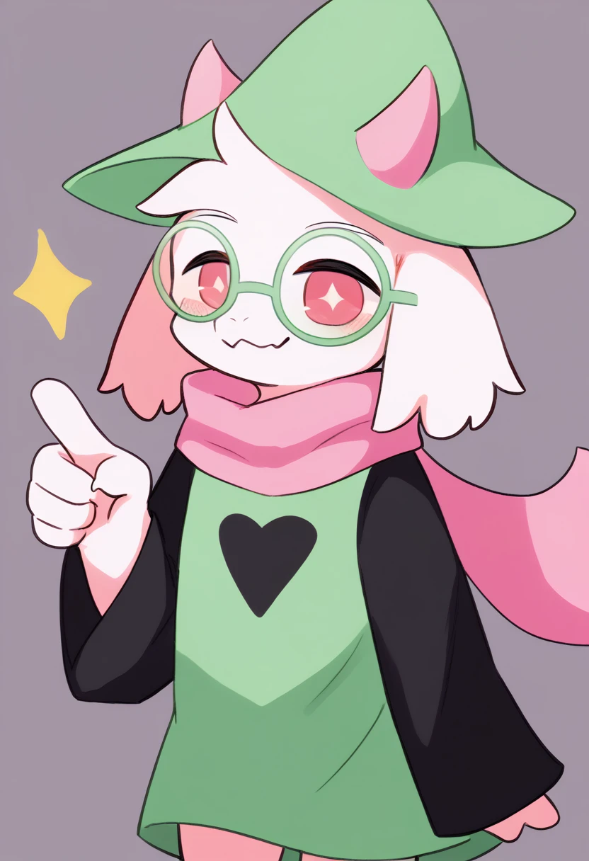  (score_9, score_8_up),furry, fur, face, Ralsei(deltarune), goat, dark fur, Green horns (they're usually pink, but the hat is covering them), black sleeves, cute, green glasses, hat, green shirt, standing, dinamic pose pointing,pink scarf,, happy, smug face,  (by Ricegnat, by Bebebebebe, by Prrrrrrmine, by Dagasi),  1furry, solo, male, Stickers