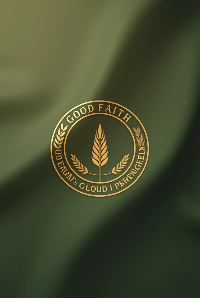 An art for an evangelical flag in olive green color, with simple round golden coat of arms with the name good faith and a seed symbol.