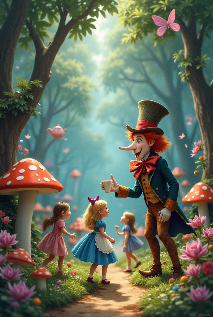 Alice in Wonderland, Alice and the Mad Hatter children playing in the magical forest