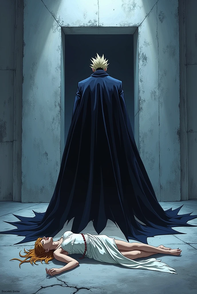 The image is anime style cowboy bebop and Darker than black with shadows and dim lights, anime style although somewhat adult and dark, It shows Golbez from Final Fantasy IV, in a sideways pose with his cape billowing forward and snapping his fingers. Behind him is a door with a huge white wall. At his feet, There resides a female angel who has eight fainting wings.