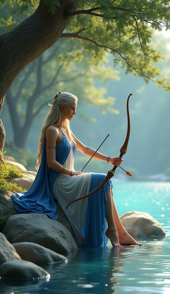 Full body portrait. A beautiful elven woman carrying a bow and arrow wearing blue and white clothes is sitting on a river rock. The background is a beautiful river full of rocks with a big tree on the side This scene is a very detailed and professional 3D digital art. masterpiece.