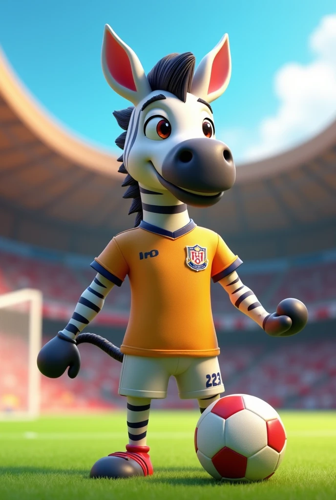 Animated zebra standing on 2 legs holding a soccer ball with one hand