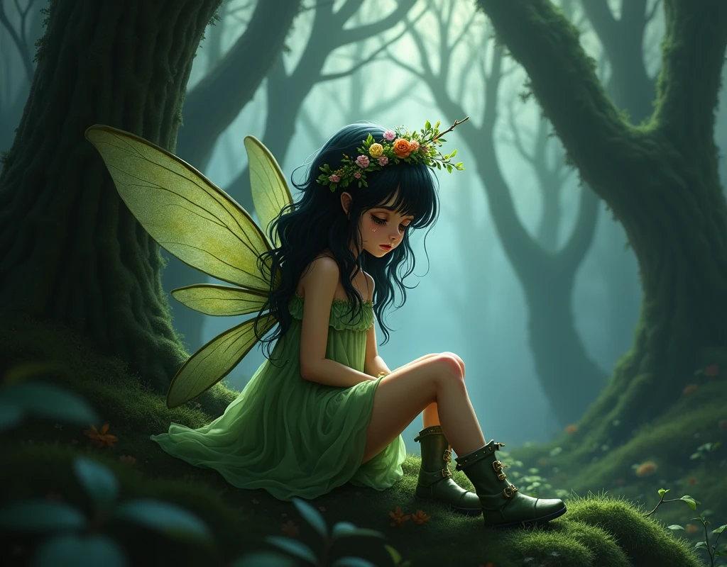 a cute fairy, Brunetette, wavy black hair, delicate light green dress and boots, wings and crown of branches and flowers. sad and crying in a dark enchanted forest