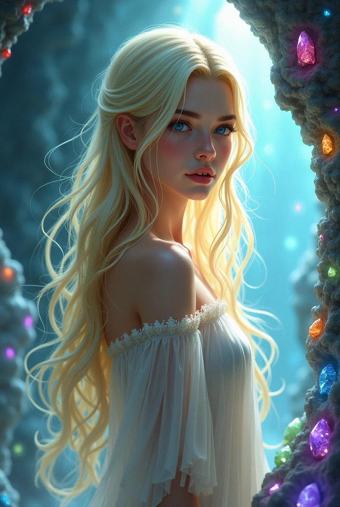 1 girl with long yellowish white hair and bright blue eyes wearing a dress that leaves her shoulders bare and in the background a cave with many crystals